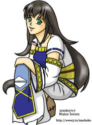 Rule 34 | 1girl, bad anatomy, brown hair, detached sleeves, dress, gensou suikoden, gensou suikoden v, green eyes, jewelry, long hair, necklace, open mouth, poorly drawn, simple background, smile, solo, viki, viki (suikoden)