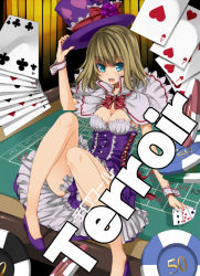 Rule 34 | 1girl, alice margatroid, alternate color, bare legs, blonde hair, blue eyes, bow, breasts, capelet, card, casino, cleavage, dress, floating card, female focus, frills, hat, holding, holding card, legs, medium breasts, playing card, poker chip, roulette table, solo, table, thigh gap, thighs, top hat, touhou, unasaka ryou, wrist cuffs