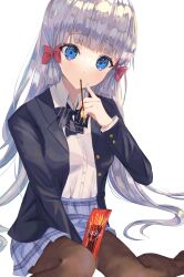 Rule 34 | 1girl, absurdres, alternate costume, ayaka (genshin impact), black pantyhose, blazer, blue eyes, blunt bangs, bow, bowtie, commentary request, contemporary, eating, genshin impact, grey hair, hair bow, hair ribbon, highres, index finger raised, isuzu (an icy cat), jacket, long hair, long sleeves, looking at viewer, mouth hold, pantyhose, plaid, plaid skirt, pocky day, pointing, pointing at self, ponytail, revision, ribbon, school uniform, sidelocks, simple background, sitting, skirt, solo, tress ribbon, white background