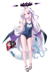 Rule 34 | 1girl, absurdres, black footwear, black halo, black horns, black wings, blue archive, collarbone, commentary, flat chest, full body, halo, highres, hina (blue archive), hina (swimsuit) (blue archive), horns, li se, long hair, looking at viewer, low wings, official alternate costume, old school swimsuit, purple eyes, sandals, school swimsuit, simple background, standing, swimsuit, thighs, toenails, toes, very long hair, whistle, whistle around neck, white background, white hair, wings