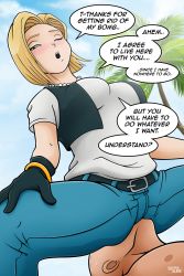 Rule 34 | 1boy, 1girl, absurdres, android 18, belt, blonde hair, blue eyes, blush, breasts, caption, day, dragon ball, dragonball z, femdom, girl on top, gloves, highres, humiliation, kuririn, legs, lying, one eye closed, sitting, sitting on face, sitting on person, speech bubble, sweat, tree, view between legs