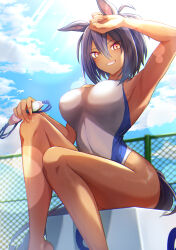 Rule 34 | 1girl, ;d, absurdres, alternate costume, animal ears, arm up, armpits, black hair, breasts, cleavage, cocktail, commentary request, competition swimsuit, dark-skinned female, dark skin, ear ornament, eve on k, foot out of frame, highres, hishi amazon (umamusume), holding, horse ears, horse girl, horse tail, large breasts, long hair, on chair, one-piece swimsuit, one eye closed, open mouth, red eyes, short hair, sitting, smile, solo, swimsuit, tail, umamusume, white one-piece swimsuit