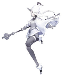 Rule 34 | 1girl, armor, bad id, bad twitter id, boots, braid, breastplate, cape, full body, grey eyes, grey pantyhose, grey shorts, hat, highres, holding, holding polearm, holding weapon, km yama, long hair, looking at viewer, original, pale skin, pantyhose, parted lips, polearm, profile, shorts, simple background, single braid, solo, weapon, white background, white cape, white hair