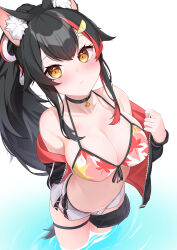 Rule 34 | 1girl, absurdres, animal ears, aurahman, bare shoulders, black choker, black hair, blush, breasts, choker, cleavage, highres, hololive, large breasts, looking at viewer, multicolored hair, ookami mio, swimsuit, tail, thigh strap, virtual youtuber, water, yellow eyes