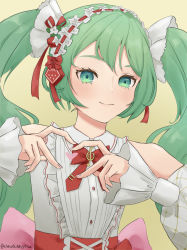 Rule 34 | 1girl, absurdres, bare shoulders, bow, claudia katsumoto (artist), collared shirt, frills, green eyes, green hair, hair bow, hatsune miku, heart, heart hands, highres, looking at viewer, portrait, red bow, shirt, simple background, sleeveless, sleeveless shirt, smile, solo, strawberry miku (morikura), treble clef, vocaloid, yellow background