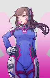 Rule 34 | 1girl, animal print, arm behind back, artist name, bodysuit, breasts, breasts apart, brown hair, blowing bubbles, chewing gum, clothes writing, cowboy shot, d.va (overwatch), emblem, facial mark, floating hair, from below, gloves, gradient background, grey background, grey eyes, grey hair, hand on own hip, headphones, legs together, medium breasts, multicolored hair, overwatch, overwatch 1, parted lips, pilot suit, rabbit print, robot ears, solo, standing, streaked hair, thigh gap, transparent, turtleneck, whisker markings, wind, wind lift, xipel