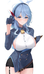 Rule 34 | 1girl, ako (blue archive), bell, black garter straps, black skirt, blue archive, blue eyes, blue gloves, blue hair, blue jacket, blush, breasts, cowboy shot, garter straps, gloves, halo, haro art, highres, jacket, large breasts, looking at viewer, miniskirt, neck bell, pencil skirt, shirt, sideboob, sideless outfit, simple background, skirt, smile, solo, white background, white shirt
