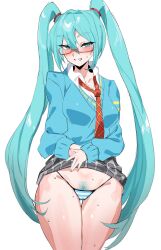 Rule 34 | 1girl, aqua eyes, aqua hair, blush, breasts, clothes lift, collared shirt, female pubic hair, grin, hatsune miku, highres, lifting own clothes, long hair, long sleeves, looking at viewer, medium breasts, necktie, ningensei, panties, plaid, plaid skirt, project diva (series), pubic hair, red necktie, shirt, simple background, skirt, skirt lift, smile, solo, striped clothes, striped panties, thick thighs, thighs, thong, twintails, underwear, very long hair, vocaloid, white background, white shirt