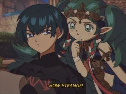 Rule 34 | 1990s (style), 1boy, 1girl, banana69281, blue eyes, blue hair, braid, byleth (fire emblem), byleth (male) (fire emblem), day, english text, finger to own chin, fire emblem, fire emblem: three houses, green eyes, green hair, highres, long hair, nintendo, outdoors, pointy ears, retro artstyle, side braid, sothis (fire emblem), tagme, twin braids, v-shaped eyebrows, very long hair