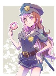 Rule 34 | 1girl, baton, belt, bitten, breasts, brown eyes, brown hair, cleavage, commentary, cuffs, doughnut, eating, food, food on face, handcuffs, hat, heterochromia, iesupa, long hair, looking at viewer, medium breasts, multicolored hair, necktie, neo politan, pink eyes, pink hair, police, police badge, police hat, police uniform, policewoman, rwby, shorts, smile, solo, split-color hair, standing, tonfa, uniform, weapon