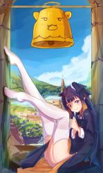 Rule 34 | 1girl, absurdres, against wall, alternate costume, bell, blunt bangs, cloud, commentary, cross, drawing, elun (elun 00), english commentary, garter straps, gradient hair, halo, highres, hololive, hololive english, legs up, long hair, looking at viewer, mole, mole under eye, multicolored hair, ninomae ina&#039;nis, nun, orange hair, outdoors, pointy ears, purple eyes, purple hair, scenery, sidelocks, sitting, sky, solo, takodachi (ninomae ina&#039;nis), tentacle hair, thighhighs, town, tree, very long hair, virtual youtuber, white thighhighs, zettai ryouiki