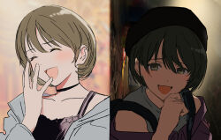 Rule 34 | 1girl, beret, black camisole, black choker, black headwear, blush, brown hair, camisole, choker, closed eyes, collarbone, commentary request, facing viewer, green eyes, grey jacket, grey shirt, hair behind ear, half-closed eyes, hand to own mouth, hat, highres, idolmaster, idolmaster shiny colors, jacket, kakeami, laughing, long sleeves, looking at viewer, multiple views, nanakusa nichika, off shoulder, official alternate costume, open clothes, open jacket, open mouth, purple jacket, raised eyebrow, shirt, short hair, shoulder strap, sleeveless, sleeveless shirt, smile, upper body