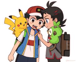 Rule 34 | 2boys, :d, ash ketchum, backpack, bag, black hair, blue eyes, blue vest, blush stickers, brown eyes, closed mouth, commentary, creatures (company), game freak, gen 1 pokemon, gen 8 pokemon, goh (pokemon), green bag, grey shirt, grookey, hat, highres, holding, holding phone, male focus, multiple boys, nintendo, open clothes, open mouth, open vest, phone, pikachu, pokemon, pokemon (anime), pokemon (creature), pokemon journeys, pokesumomo, red headwear, shirt, short hair, short sleeves, shorts, smile, symbol-only commentary, t-shirt, teeth, tongue, upper teeth only, vest, white background, white shirt