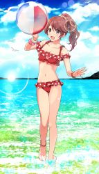 Rule 34 | 1girl, absurdres, ball, barefoot, beachball, bead anklet, bead bracelet, beads, bikini, bird, blue sky, blush, bow, bracelet, breasts, brown hair, cleavage, cloud, collarbone, commentary request, day, frilled bikini, frills, hand up, highres, idolmaster, idolmaster cinderella girls, jewelry, legs, long hair, looking at viewer, navel, ocean, off-shoulder bikini, off shoulder, on water, open mouth, outdoors, polka dot, polka dot bikini, ponytail, popon ta, purple eyes, red bikini, red bow, seagull, shiina noriko, sky, small breasts, smile, solo, stomach, sunlight, swimsuit, thighs