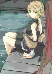 Rule 34 | 1girl, arm warmers, bare shoulders, blonde hair, clothes pull, colorized, green eyes, hasebe yuusaku, looking at viewer, mizuhashi parsee, pointy ears, shirt, shirt pull, short hair, sitting, sketch, skirt, sleeveless, solo, touhou, vest, water