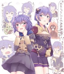 Rule 34 | 1girl, age comparison, arrow (projectile), bernadetta von varley, bike shorts, blood, blush, bow (weapon), breasts, cleavage, dress, dual persona, earrings, closed eyes, fire emblem, fire emblem: three houses, garreg mach monastery uniform, gloves, grey eyes, hair ornament, holding, holding arrow, holding bow (weapon), holding weapon, hood, hood down, jewelry, long sleeves, multiple views, nintendo, open mouth, plant, potted plant, purple hair, saisyuusensi, short dress, short hair, uniform, weapon, yellow gloves
