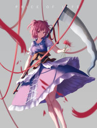 Rule 34 | 1girl, apron, blue dress, breasts, collarbone, commentary, cross-laced clothes, dress, english commentary, english text, feet out of frame, flower, grey background, hair bobbles, hair ornament, highres, holding, holding flower, holding scythe, holding weapon, medium breasts, onozuka komachi, petticoat, puffy short sleeves, puffy sleeves, red eyes, red flower, red hair, red ribbon, ribbon, roke (taikodon), scythe, short hair, short sleeves, simple background, solo, standing, touhou, two side up, waist apron, weapon, white apron