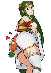 Rule 34 | 1girl, ancient greek clothes, ass, bare shoulders, between buttocks, breasts, carrot, chiton, from behind, green eyes, green hair, highres, kid icarus, long hair, looking back, looking down, matching hair/eyes, md5 mismatch, medium breasts, nintendo, palutena, sexually suggestive, simple background, single thighhigh, solo, splashbrush, thighhighs, thighs, very long hair, white background, white thighhighs