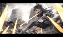 Rule 34 | 1girl, action, animal ears, arknights, black capelet, black gloves, black hair, black pantyhose, black shorts, blood, blood on face, breasts, capelet, city, commentary, cuts, day, dual wielding, eyelashes, fingerless gloves, from side, gloves, glowing, glowing sword, glowing weapon, grey sky, highres, holding, injury, jacket, letterboxed, long hair, medium breasts, name tag, natsu97, outdoors, pantyhose, profile, rain, reverse grip, rubble, ruins, short shorts, shorts, sky, solo, sword, tail, texas (arknights), thigh strap, torn clothes, torn pantyhose, war, weapon, white jacket, wolf ears, wolf tail, yellow eyes