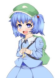 Rule 34 | + +, 1girl, backpack, bag, blue eyes, blue hair, blush, female focus, hair bobbles, hair ornament, own hands clasped, hat, kawashiro nitori, key, kyuushiki, matching hair/eyes, own hands together, skirt, solo, touhou, twintails, two side up
