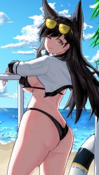 Rule 34 | 1girl, absurdres, animal ears, ass, atago (azur lane), azur lane, beach, bikini, black bikini, black hair, blue sky, breasts, brown eyes, butt crack, cloud, commentary, cowboy shot, day, dog ears, english commentary, extra ears, from behind, highres, horizon, jacket, large breasts, long hair, ocean, outdoors, saiskh, sky, solo, swimsuit, tinted eyewear, white jacket, yellow-tinted eyewear