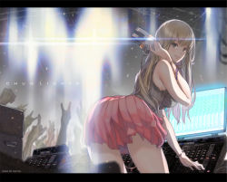 Rule 34 | 1girl, \m/, blonde hair, bra, bracelet, breasts, dj, hand on headphones, headphones, jewelry, large breasts, letterboxed, light, lights, lingerie, long hair, looking back, mixing console, original, photoshop (medium), saitou masatsugu, skirt, solo, stage lights, underwear
