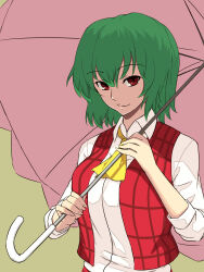 Rule 34 | 1girl, ascot, breasts, closed mouth, collared shirt, commentary, green hair, highres, holding, holding umbrella, kakone, kazami yuuka, large breasts, long sleeves, looking at viewer, medium breasts, parasol, red eyes, red vest, shirt, short hair, simple background, smile, solo, touhou, umbrella, upper body, vest, yellow ascot