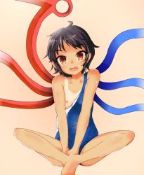 Rule 34 | 1girl, alternate costume, asymmetrical wings, black hair, blue one-piece swimsuit, blue wings, blush, brown background, clothing aside, commentary request, flat chest, full body, houjuu nue, looking at viewer, nipples, nittanishi, one-piece swimsuit, open mouth, pointy ears, red eyes, red wings, school swimsuit, short hair, simple background, smile, solo, swimsuit, swimsuit aside, tan, tanline, teeth, touhou, upper teeth only, wings