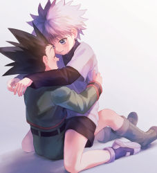 Rule 34 | 2boys, artist request, commentary request, couple, gon freecss, green footwear, green hair, highres, hug, hunter x hunter, killua zoldyck, looking at another, multiple boys, shorts, simple background, sitting, sitting on person, white hair, yaoi