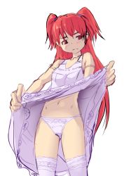 Rule 34 | 1girl, absurdres, blush, clothes lift, dyda, foreshortening, highres, long hair, looking away, navel, original, panties, purple panties, purple thighhighs, red eyes, red hair, simple background, skirt, skirt lift, solo, thighhighs, twintails, underwear, upskirt