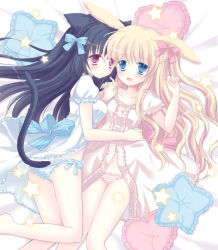 Rule 34 | 2girls, :d, animal ears, bad id, bad pixiv id, black hair, blonde hair, blue eyes, blush, braid, cat ears, cat tail, character name, girl on top, heart, lingerie, long hair, lying, mana (10221125), multiple girls, navel, negligee, on back, on side, open mouth, original, panties, pink eyes, rabbit ears, smile, star (symbol), striped clothes, striped panties, tail, underwear, wavy hair