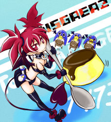 Rule 34 | 1girl, bat wings, bent over, blush, boots, choker, demon girl, demon tail, disgaea, earrings, etna (disgaea), flat chest, food, jewelry, long hair, mairu dou, makai senki disgaea 2, nippon ichi, oversized object, pointy ears, prinny, pudding, red eyes, red hair, skirt, skull, smile, spoon, tail, thigh boots, thighhighs, twintails, wings
