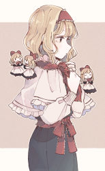Rule 34 | 1girl, alice margatroid, blonde hair, blue dress, capelet, commentary request, dress, closed eyes, frilled hairband, frills, from side, hairband, hands up, long sleeves, mozukuzu (manukedori), open mouth, puppet rings, red hairband, red neckwear, ring, shanghai doll, shirt, short hair, solo, touhou, white capelet, white shirt