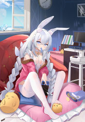 Rule 34 | + +, 1girl, absurdres, analog clock, animal ears, azur lane, bag of chips, blue eyes, blue sky, braid, breasts, butterfly hair ornament, candy, cardigan, chinese commentary, chips (food), chocolate, chocolate bar, choker, clock, cloud, coffee mug, collarbone, commentary request, computer, cup, cushion, fake animal ears, feet, food, food in mouth, hair ornament, handheld game console, highres, holding, holding handheld game console, indoors, knees apart feet together, le malin (azur lane), le malin (listless lapin) (azur lane), leotard, long hair, looking at viewer, low twin braids, manjuu (azur lane), monitor, mug, nintendo switch, no shoes, nontraditional playboy bunny, npp (artist), off shoulder, open window, pantyhose, pink cardigan, playboy bunny, popsicle, popsicle in mouth, potato chips, rabbit ears, sitting, sky, small breasts, snack, solo, toes, twin braids, very long hair, wall clock, white choker, white hair, white leotard, white pantyhose, window