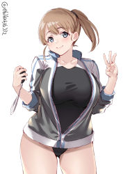 Rule 34 | 1girl, black one-piece swimsuit, blue eyes, blush, breasts, brown hair, ebifurya, highres, intrepid (kancolle), jacket, kantai collection, large breasts, one-hour drawing challenge, one-piece swimsuit, ponytail, short hair, simple background, smile, solo, swimsuit, swimsuit under clothes, thighs, timer, track jacket, upper body, w, white background