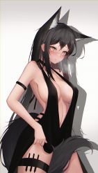 Rule 34 | 1girl, absurdres, alternate costume, animal ear fluff, animal ears, arknights, arm strap, bare shoulders, between legs, black hair, blush, breasts, center opening, cleavage, closed mouth, cowboy shot, heavy breathing, highres, large breasts, long hair, looking at viewer, navel, simple background, skirt hold, solo, tail, tail between legs, texas (arknights), thigh strap, very long hair, white background, wolf ears, wolf girl, wolf tail, yellow eyes, yzbr