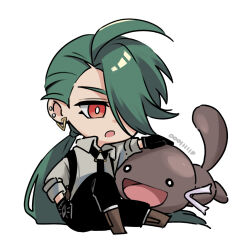 1f_(seisen_shokuhin) black_necktie black_pants bright_pupils chibi collared_shirt creatures_(company) earrings game_freak green_hair grey_shirt hair_over_one_eye jewelry long_hair necktie nintendo open_mouth paldean_wooper pants pokemon pokemon_(creature) pokemon_sv ponytail red_eyes rika_(pokemon) shirt simple_background sitting white_background white_pupils