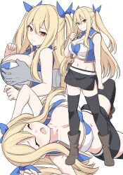 Rule 34 | 1girl, bare shoulders, black skirt, black thighhighs, blonde hair, boots, breasts, brown eyes, cleavage, closed eyes, disembodied limb, fairy tail, large breasts, long hair, looking at viewer, lucy heartfilia, lying, midriff, miniskirt, multiple views, navel, on back, open mouth, shiseki hirame, skirt, smile, thighhighs