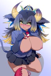 Rule 34 | 1girl, animal ears, arm support, black gloves, black hair, black skirt, blonde hair, blush, bow, breasts, breasts out, broken horn, buttons, closed mouth, collared shirt, cow ears, cow girl, cow horns, cow tail, crown, dark-skinned female, dark skin, elbow gloves, fingerless gloves, gloves, goshingyu-sama (kemono friends), grey hair, hair between eyes, hand on own chest, hand up, highres, horizontal pupils, horns, huge breasts, jacket, kemono friends, large breasts, long hair, looking at viewer, mamiyama, microskirt, multicolored hair, multicolored horns, necktie, nipples, no bra, nose blush, open clothes, pleated skirt, pocket, purple horns, purple jacket, shirt, sitting, skindentation, skirt, solo, tail, unbuttoned, wing collar, yellow eyes, yellow horns