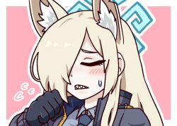Rule 34 | 1girl, animal ear fluff, animal ears, anime coloring, black gloves, black jacket, black outline, blonde hair, blue archive, blue halo, blush, border, cel shading, clenched hand, closed eyes, commentary, concha (mamecha), embarrassed, flying sweatdrops, gloves, hair over one eye, halo, hand up, high collar, jacket, kanna (blue archive), long hair, one eye covered, open clothes, open jacket, outline, outside border, pink background, portrait, sharp teeth, simple background, solo, sweatdrop, teeth, white border, white outline