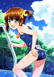 Rule 34 | 1girl, adjusting clothes, adjusting swimsuit, blue eyes, blue one-piece swimsuit, breasts, brown hair, commentary request, cowboy shot, fence, highres, lyrical nanoha, mahou shoujo lyrical nanoha, miyajima hitoshi, name tag, one-piece swimsuit, pool ladder, school swimsuit, short hair, side ponytail, small breasts, smile, solo, swimsuit, unworn swim cap, wet, yagami hayate