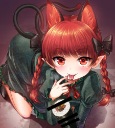 Rule 34 | 1girl, all fours, animal ears, bow, braid, cat ears, cat tail, censored, dress, extra ears, licking finger, food, green dress, hair bow, juliet sleeves, kaenbyou rin, kei kei, licking, long sleeves, makizushi, multiple tails, nekomata, pointless censoring, pointy ears, puffy sleeves, red hair, sexually suggestive, solo, sushi, tail, tongue, tongue out, touhou, twin braids