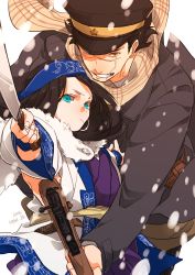Rule 34 | 1boy, 1girl, absurdres, ainu, ainu clothes, arisaka, asirpa, bandana, black coat, black hair, black headwear, blue bandana, blue eyes, bolt action, brown eyes, brown scarf, cape, closed mouth, coat, commentary request, dated, ear piercing, earrings, facial scar, fur cape, golden kamuy, gun, hat, highres, holding, holding gun, holding knife, holding weapon, hoop earrings, ikuya225, imperial japanese army, jewelry, kepi, knife, long hair, long sleeves, looking at viewer, military, military hat, military uniform, parted lips, piercing, pouch, rifle, scar, scar on cheek, scar on face, scar on mouth, scar on nose, scarf, short hair, signature, simple background, smile, spiked hair, star (symbol), sugimoto saichi, teeth, two-tone headwear, uniform, upper body, weapon, white background, white cape, yellow headwear