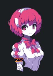 Rule 34 | 1girl, 4qw5, android, black background, bow, bowtie, closed mouth, cropped torso, dorothy haze, long sleeves, looking at viewer, pink bow, pink bowtie, pink eyes, pink hair, pixel art, short hair, simple background, smile, solo, va-11 hall-a