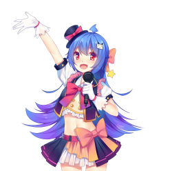 Rule 34 | 1girl, :d, ahoge, akabane (pixiv3586989), arm up, belt, bili girl 22, bilibili, black hat, black vest, blue hair, blush, bow, braid, character check, gloves, hat, hat bow, highres, holding, holding microphone, long hair, looking at viewer, microphone, midriff, official art, open mouth, orange belt, red bow, red eyes, short sleeves, simple background, skirt, smile, standing, star (symbol), very long hair, vest, white background, white gloves