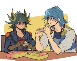 Rule 34 | 2boys, black hair, black shirt, blue eyes, blue hair, blue jacket, blue shirt, brown gloves, bruno (yu-gi-oh!), chair, commentary request, eating, elbow pads, elbows on table, facial mark, facial tattoo, food, fudo yusei, full mouth, gloves, hands up, high collar, highres, holding, holding food, jacket, leaning forward, leaning on table, male focus, marking on cheek, multicolored hair, multiple boys, on chair, open clothes, open jacket, open mouth, shirt, short hair, shoulder pads, simple background, sitting, sleeves rolled up, smile, spiked hair, streaked hair, table, talking, tattoo, white jacket, yellow background, youko-shima, yu-gi-oh!, yu-gi-oh! 5d&#039;s