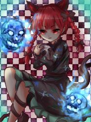 Rule 34 | 1girl, animal ears, bad id, bad pixiv id, black bow, black dress, black ribbon, blue fire, blunt bangs, bow, braid, cat ears, cat tail, checkered background, crack, dress, extra ears, feet out of frame, fire, flaming skull, floating, floating skull, frills, hair bow, hair ribbon, hands up, highres, holding, holding skull, kaenbyou rin, kayon (touzoku), leg ribbon, light blush, light smile, long hair, multiple tails, nekomata, parted lips, petticoat, pointy ears, red eyes, red hair, ribbon, simple background, skull, solo, tail, touhou, tress ribbon, twin braids, twintails, two tails