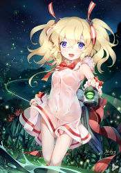 Rule 34 | 1girl, :d, artist name, blonde hair, blue eyes, blush, bow, breasts, commentary request, dress, fang, fingernails, fireflies, glowworm (warship girls r), hair between eyes, hair ornament, hair ribbon, holding, long hair, machinery, mtyy, nature, night, night sky, no bra, no panties, open mouth, outdoors, plant, red bow, red footwear, red ribbon, red scarf, ribbon, scarf, searchlight, see-through, shallow water, shoes, skirt hold, sky, small breasts, smile, solo, star (sky), starry sky, striped ribbon, tareme, thighs, tree, twintails, wading, walking, warship girls r, water, wet, wet clothes, wet dress, white dress, wrist cuffs