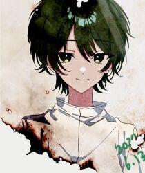 Rule 34 | 1girl, burnt, chinese commentary, closed mouth, commentary request, dated, green eyes, green hair, hair between eyes, isoi rai, looking at viewer, lu xian, portrait, saibou shinkyoku, shirt, short hair, smile, solo, white background, white shirt