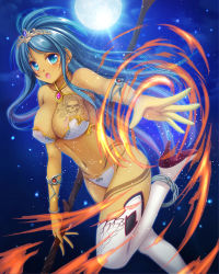 Rule 34 | 1girl, :o, anklet, aocchi, armlet, bandeau, bare shoulders, bikini, blue eyes, blue hair, blue sky, blush, boots, breasts, cleavage, dark-skinned female, dark skin, eyebrows, fantasy, fire, gem, glowing, high heel boots, high heels, holding, holding staff, jewelry, large breasts, leg up, lens flare, light particles, long hair, looking at viewer, magic, matching hair/eyes, moon, navel, night, night sky, original, outstretched arm, pendant, skull print, sky, solo, spread fingers, staff, stomach, strapless, swimsuit, tattoo, thigh boots, thighhighs, tiara, white bikini, white footwear
